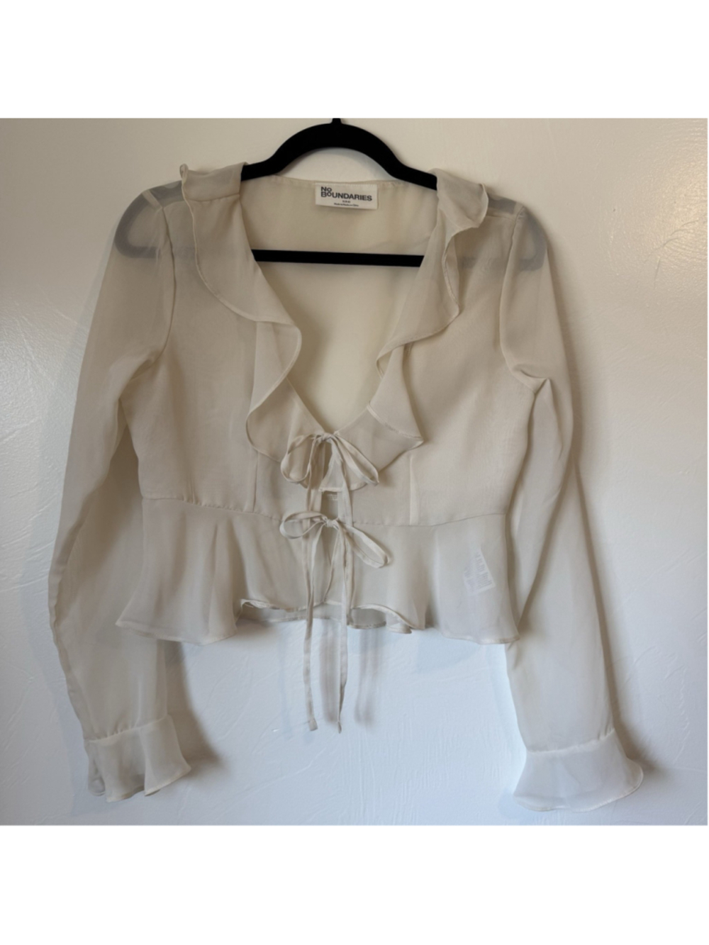 No Boundaries Coquette Boho Sheer Ruffle Tie Front Blouse Ivory Size Small